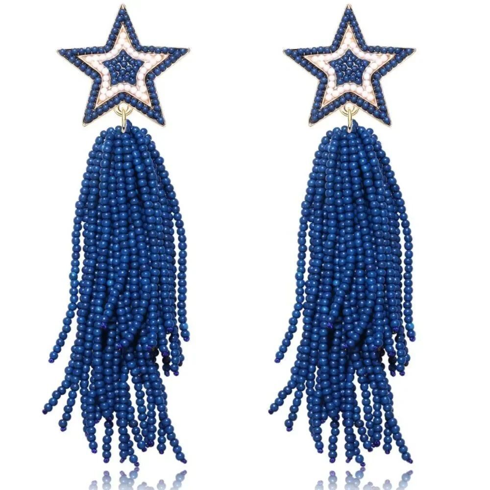 Yellow Gold and Blue White Beaded Star Tassel Fringe Dangling Boho Post Earrings
